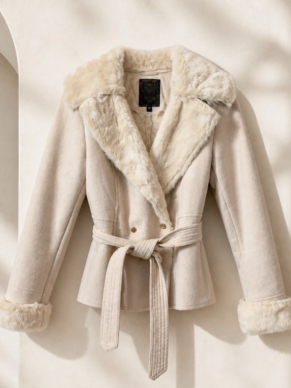 GUESS Cream Faux-Fur Collar Belted Teddy Jacket - Picture 2 of 9